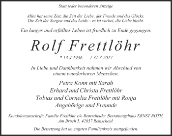 Traueranzeige von Rolf Frettlöhr von Rheinische Post