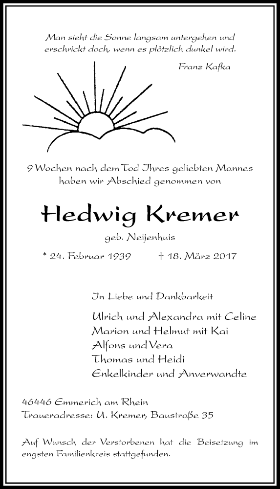  Traueranzeige für Heinz + Hedwig Kremer vom 22.04.2017 aus Rheinische Post