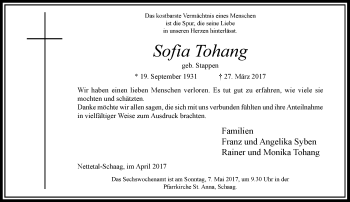 Traueranzeige von Sofia Tohang von Rheinische Post