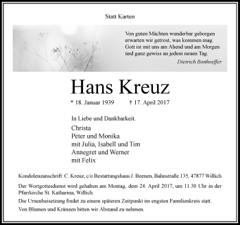 Traueranzeige von Hans Kreuz von Rheinische Post