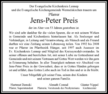 Traueranzeige von Jens-Peter Preis von Rheinische Post