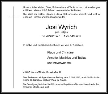 Traueranzeige von Josi Wyrich von Rheinische Post