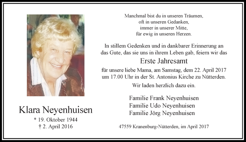  Traueranzeige für Klara Neyenhuisen vom 15.04.2017 aus Rheinische Post