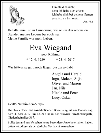 Traueranzeige von Eva Wiegand von Rheinische Post