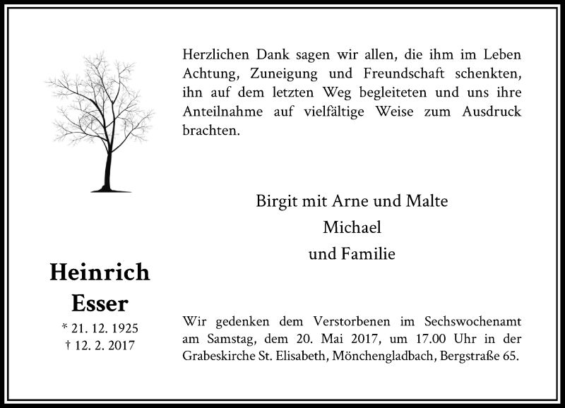  Traueranzeige für Heinrich Esser vom 06.05.2017 aus Rheinische Post
