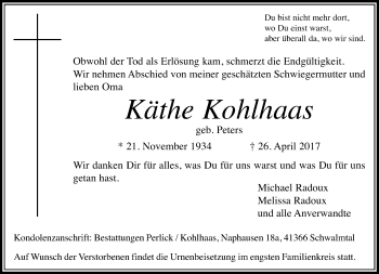 Traueranzeige von Käthe Kohlhaas von Rheinische Post