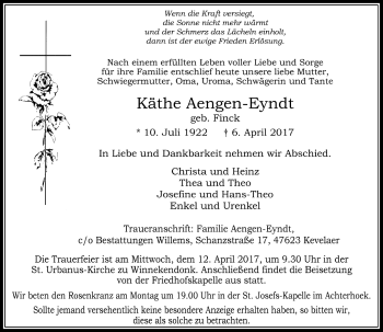 Traueranzeige von Käthe Aengen-Eyndt von Rheinische Post
