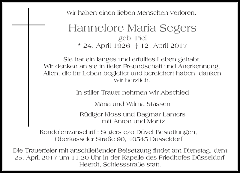  Traueranzeige für Hannelore Maria Segers vom 19.04.2017 aus Rheinische Post