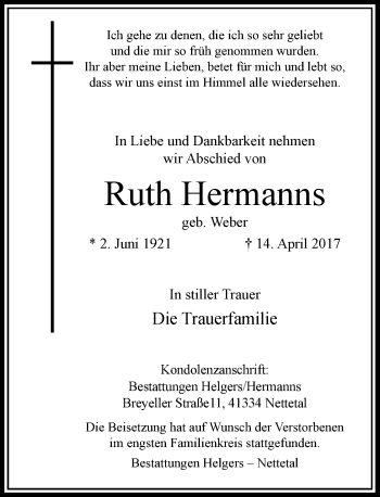 Traueranzeige von Ruth Hermanns von Rheinische Post