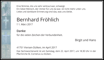 Traueranzeige von Bernhard Fröhlich von Rheinische Post
