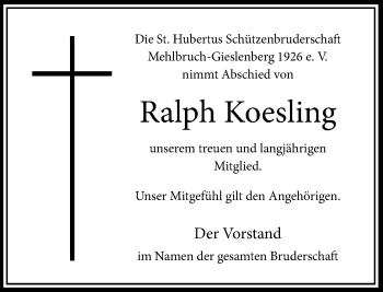 Traueranzeige von Ralph Koesling von Rheinische Post