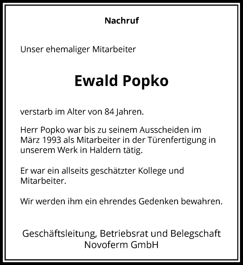  Traueranzeige für Ewald Popko vom 08.04.2017 aus Rheinische Post