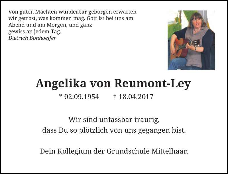  Traueranzeige für Angelika von Reumont-Ley vom 26.04.2017 aus Rheinische Post