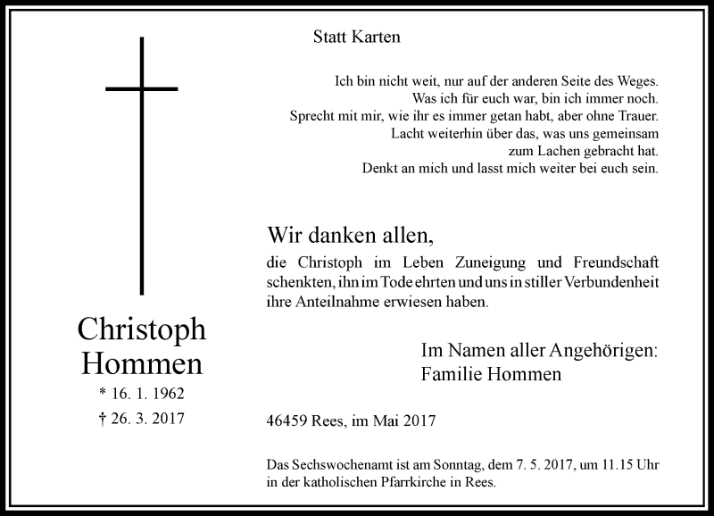  Traueranzeige für Christoph Hommen vom 03.05.2017 aus Rheinische Post