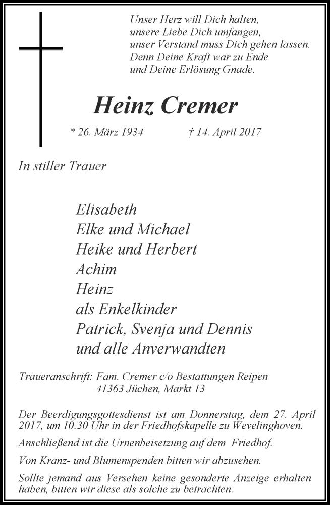  Traueranzeige für Heinz Cremer vom 22.04.2017 aus Rheinische Post