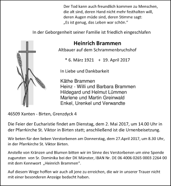 Traueranzeige von Heinrich Brammen von Rheinische Post