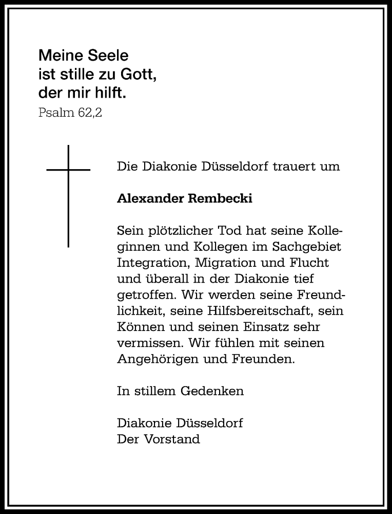  Traueranzeige für Alexander Rembecki vom 08.04.2017 aus Rheinische Post