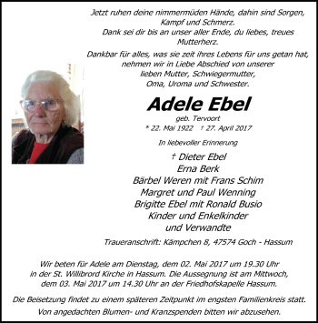 Traueranzeige von Adele Ebel von Rheinische Post