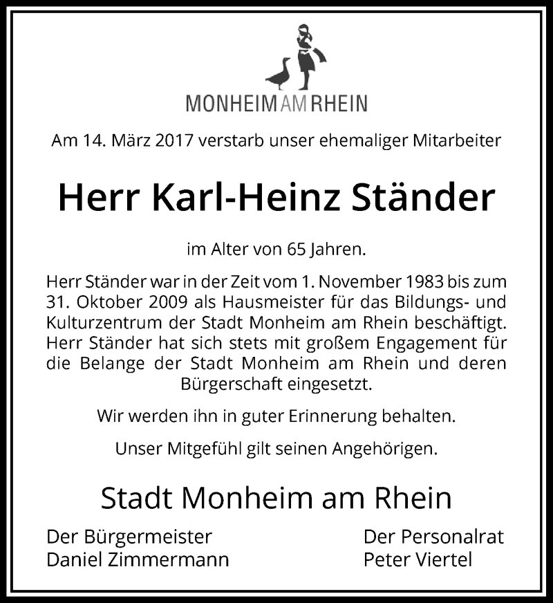 Traueranzeige für Karl-Heinz Ständer vom 08.04.2017 aus Rheinische Post