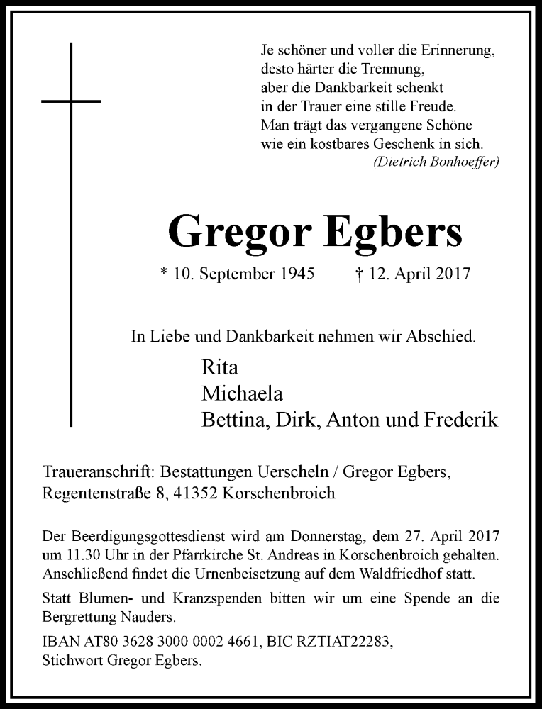  Traueranzeige für Gregor Egbers vom 22.04.2017 aus Rheinische Post