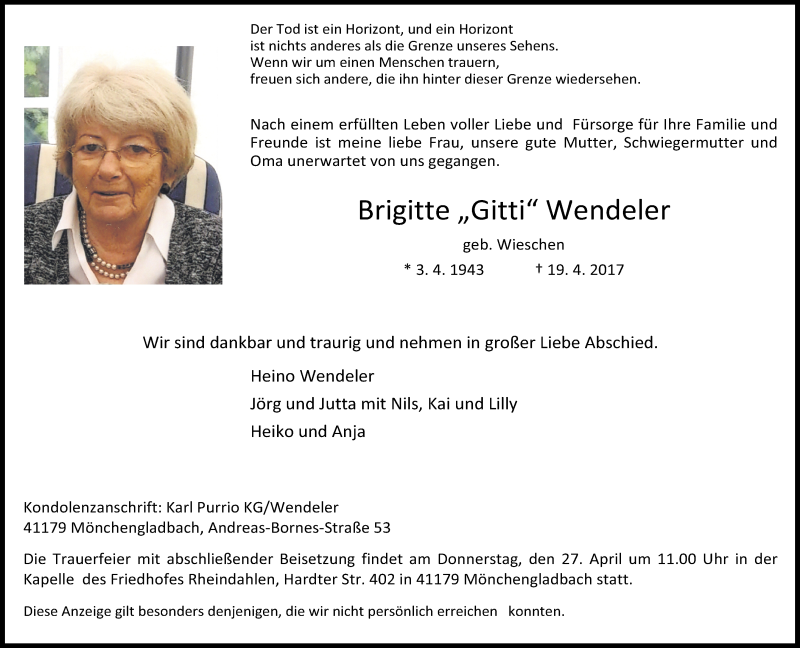  Traueranzeige für Brigitte Wendeler vom 22.04.2017 aus Rheinische Post
