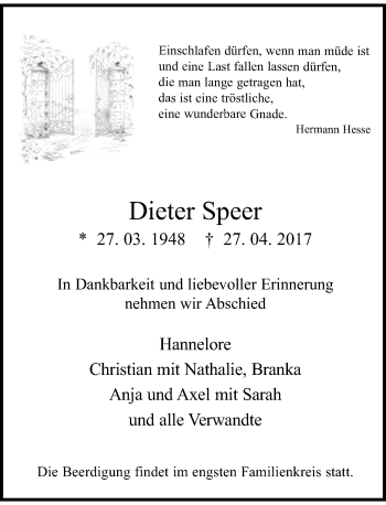 Traueranzeige von Dieter Speer von Rheinische Post