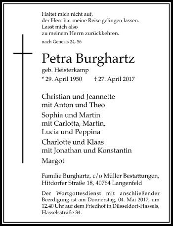 Traueranzeige von Petra Burghartz von Rheinische Post