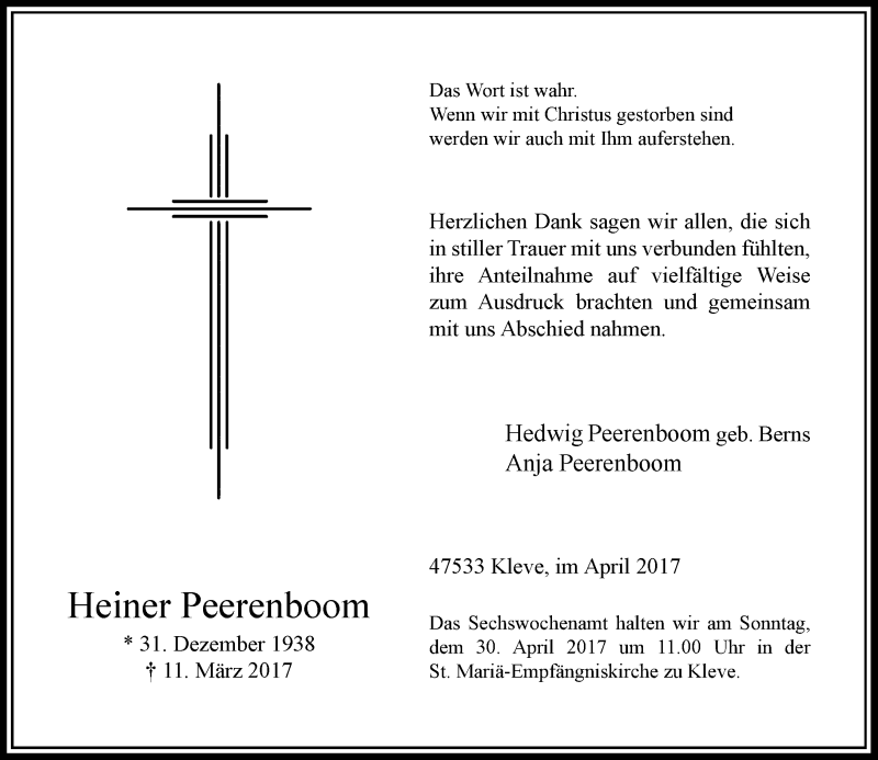  Traueranzeige für Heiner Peerenboom vom 22.04.2017 aus Rheinische Post