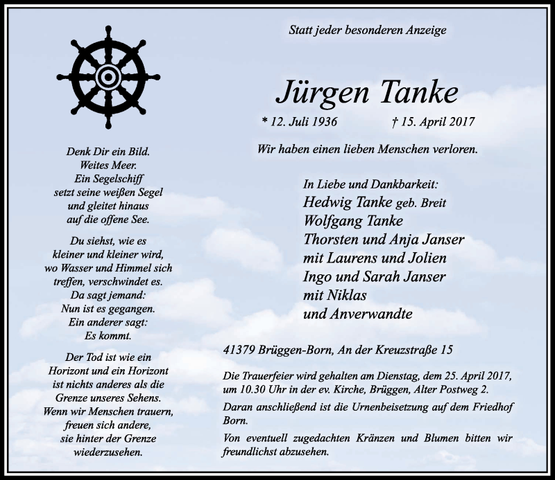  Traueranzeige für Jürgen Tanke vom 22.04.2017 aus Rheinische Post