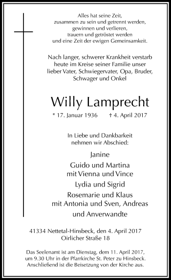 Traueranzeige von Willy Lamprecht von Rheinische Post