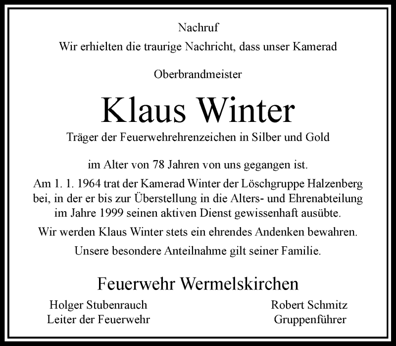  Traueranzeige für Klaus Winter vom 07.04.2017 aus Rheinische Post