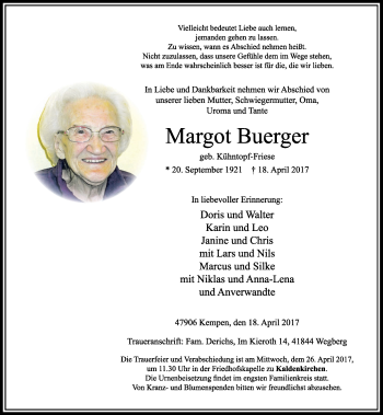 Traueranzeige von Margot Bürger von Rheinische Post