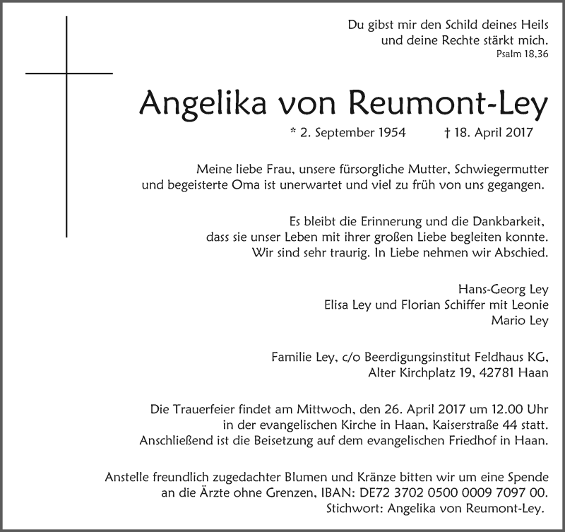 Traueranzeige für Angelika von Reumont-Ley vom 24.04.2017 aus Rheinische Post