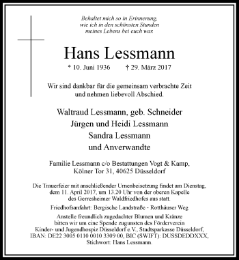 Traueranzeige von Hans Lessmann von Rheinische Post