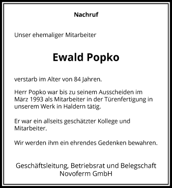Traueranzeige von Ewald Popko von Rheinische Post