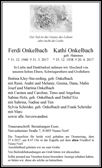 Traueranzeige von Ferdi/Kathi Onkelbach von Rheinische Post