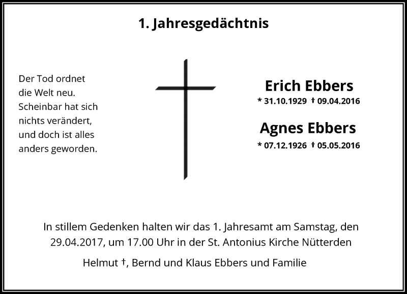  Traueranzeige für Erich und Agnes Ebbers vom 22.04.2017 aus Rheinische Post