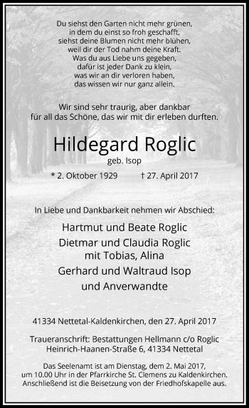 Traueranzeige von Hildegard Roglic von Rheinische Post