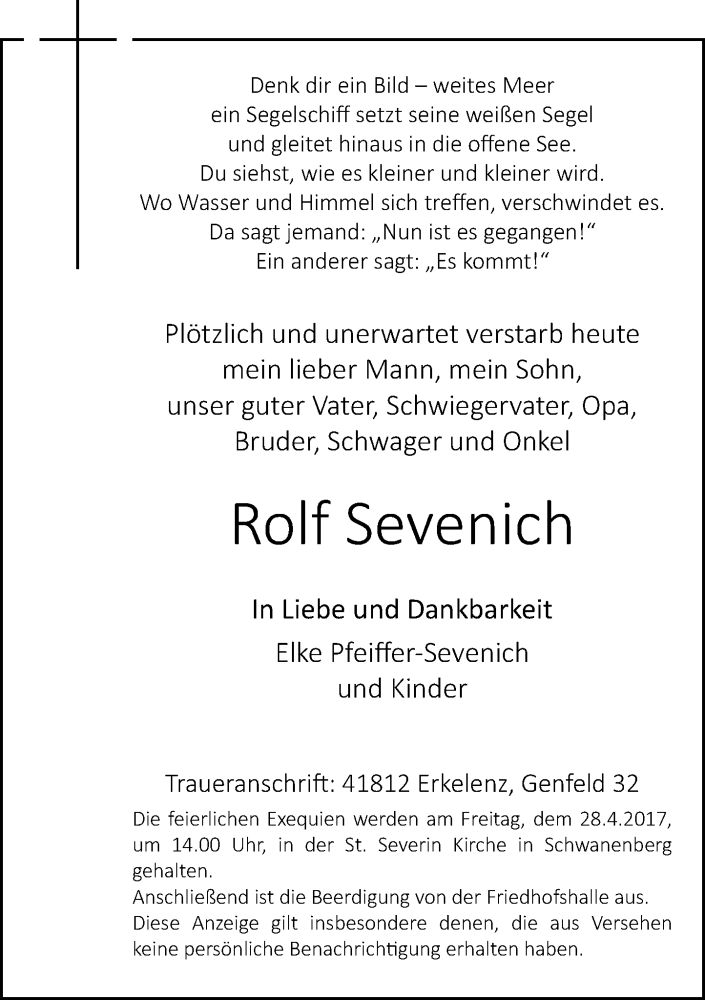  Traueranzeige für Rolf Sevenich vom 25.04.2017 aus Rheinische Post