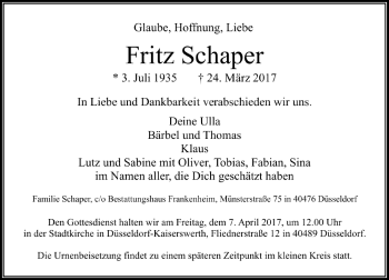 Traueranzeige von Fritz Schaper von Rheinische Post