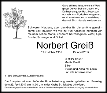 Traueranzeige von Norbert Greiß von Rheinische Post