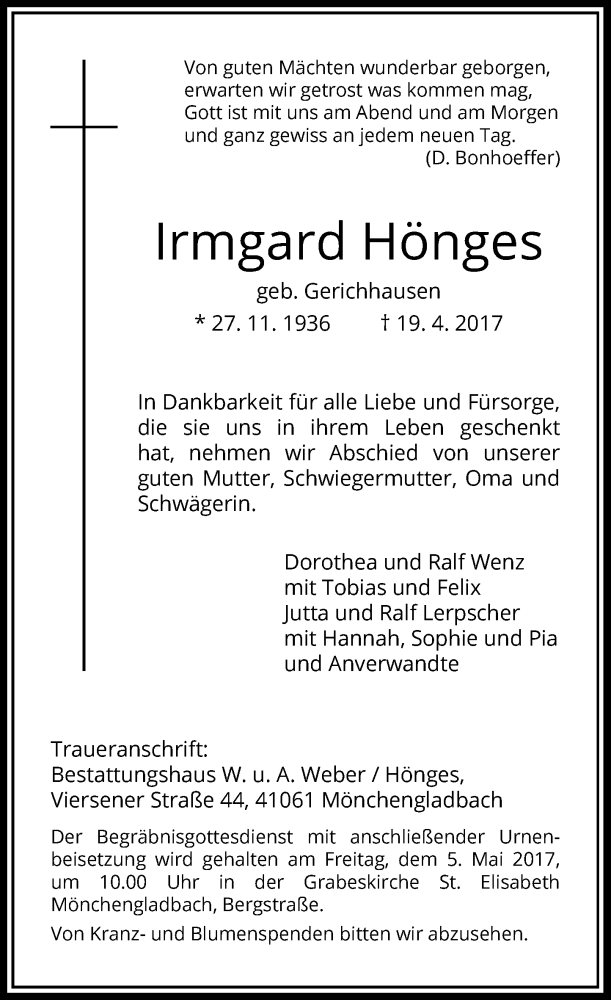  Traueranzeige für Irmgard Hönges vom 29.04.2017 aus Rheinische Post