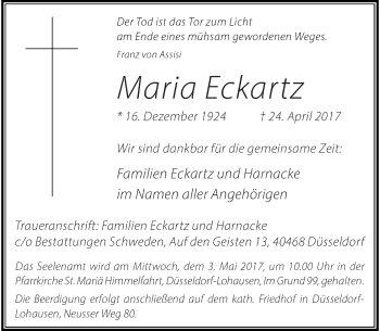 Traueranzeige von Maria Eckartz von Rheinische Post