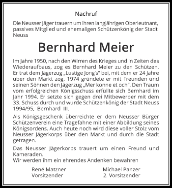 Traueranzeige von Bernhard Meier von Rheinische Post