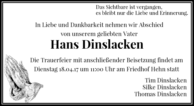  Traueranzeige für Hans Dinslacken vom 12.04.2017 aus Rheinische Post