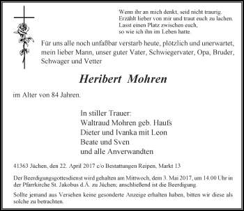 Traueranzeige von Heribert Mohren von Rheinische Post