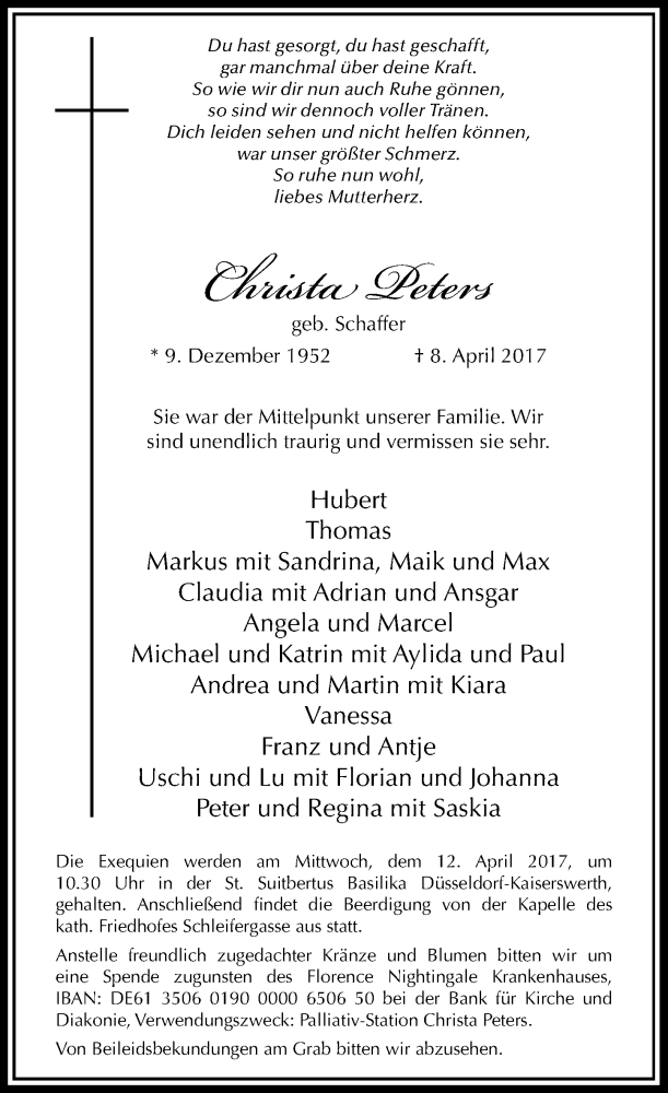  Traueranzeige für Christa Peters vom 11.04.2017 aus Rheinische Post