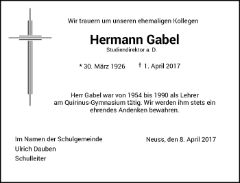 Traueranzeige von Hermann Gabel von Rheinische Post