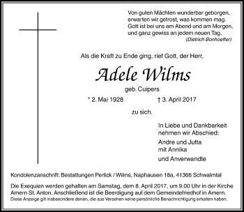 Traueranzeige von Adele Wilms von Rheinische Post