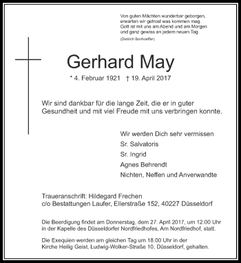 Traueranzeige von Gerhard May von Rheinische Post